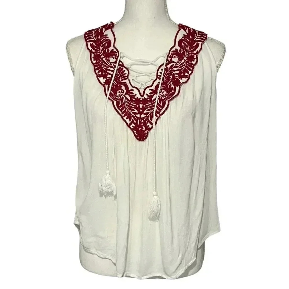 Clarté size M gauzy top with tie front and collar embroidery EUC